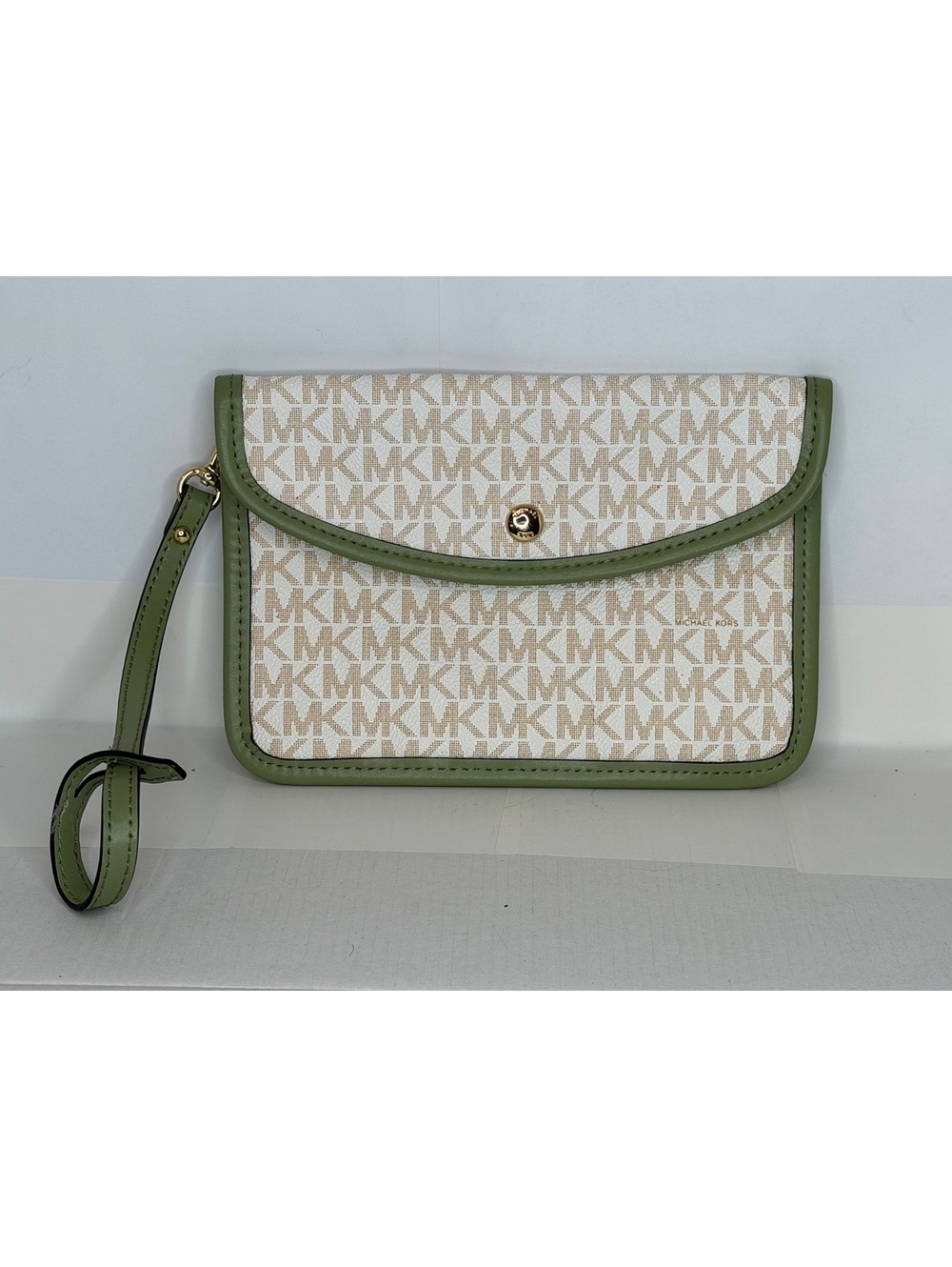 Michael Kors Vanilla MK Logo Large Wristlet Wallet Green Trim Gold Tone